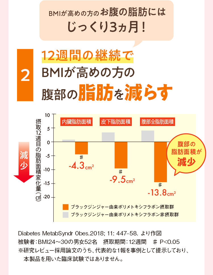 BMIが高めの方のお腹の脂肪にはじっくり3ヵ月！ 2 12週間の継続でBMIが高めの方の腹部の脂肪を減らす