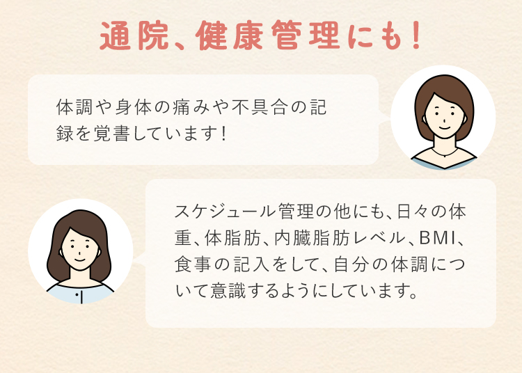 通院、健康管理にも！ 体調や身体の痛みや不具合の記録を覚書しています！ スケジュール管理の他にも、日々の体重、体脂肪、内臓脂肪レベル、BMI、食事の記入をして、自分の体調について意識するようにしています。
