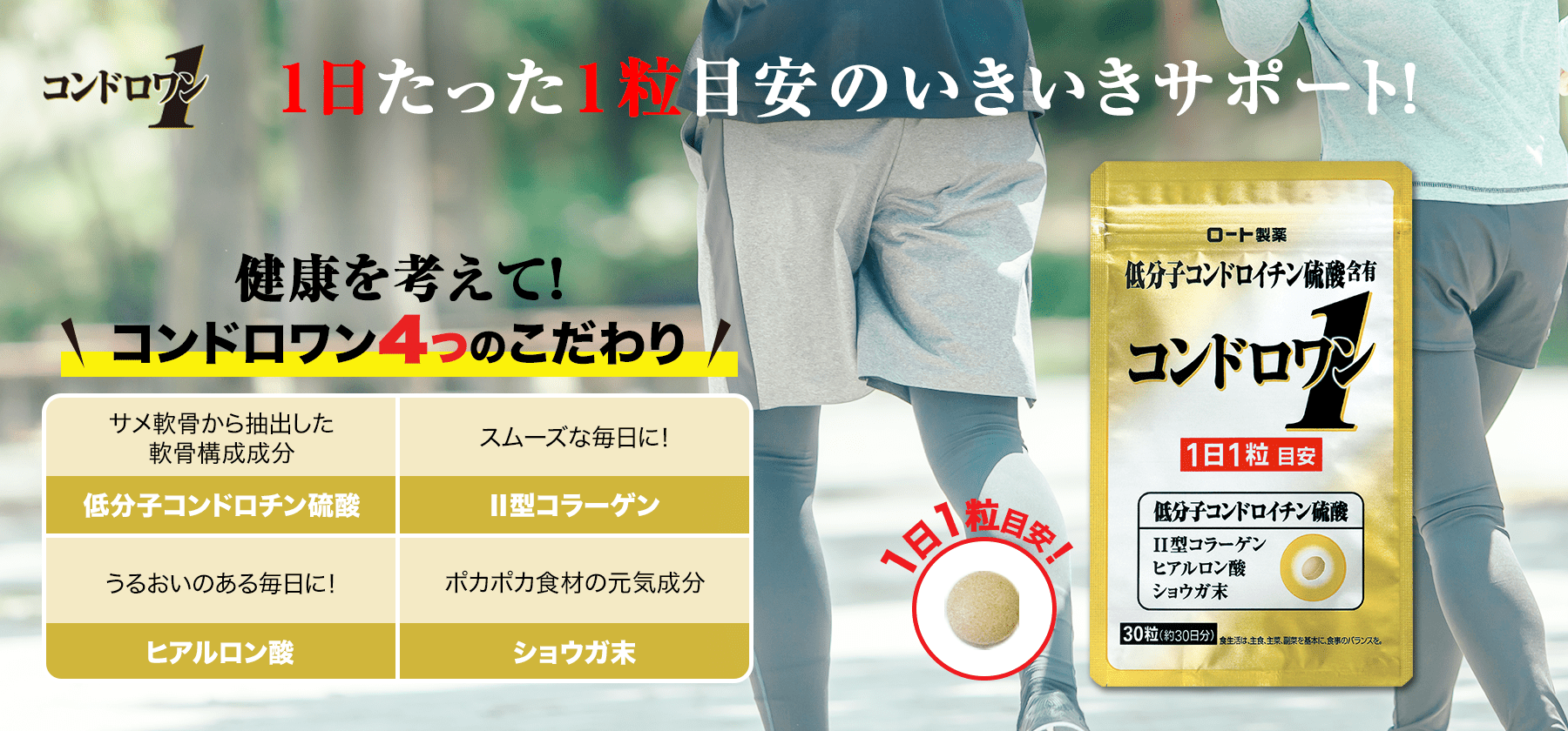 コンドロワン。1日たった1粒目安のいきいきサポート！健康を考えて！コンドロワン４つのこだわり。（１）低分子コンドロイチン硫酸：サメ軟骨から抽出した軟骨構成成分。（２）Ⅱ型コラーゲン：スムーズな毎日に！（３）ヒアルロン酸：うるおいのある毎日に！（４）ショウガ末：ポカポカ食材の元気成分。