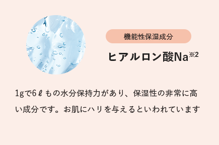 
                        機能性保湿成分
                        ヒアルロン酸Na※2
                        1gで6もの水分保持力があり、保湿性の非常に高い成分です。お肌にハリを与えるといわれています
                        