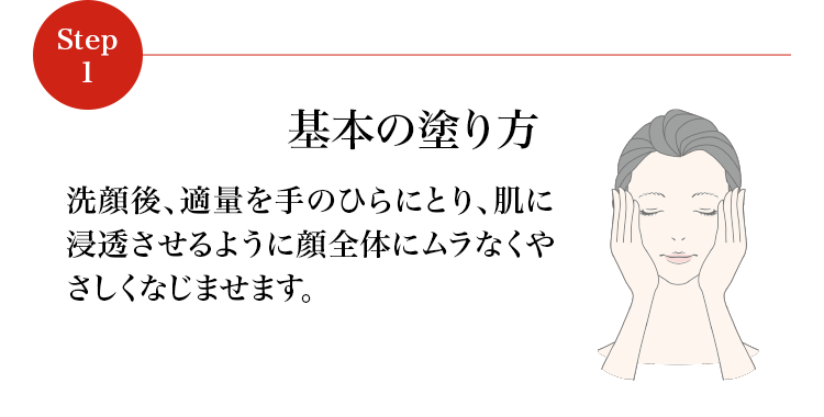 基本の塗り方 洗顔後、適量を手のひらにとり、肌に浸透させるように顔全体にムラなくやさしくなじませます。