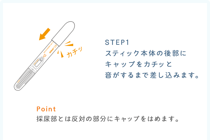 STEP1：スティック本体の後部にキャップをカチッと音がするまで差し込みます。 Point：採尿部とは反対の部分にキャップをはめます。