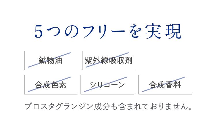 5つのフリーを実現 鉱物油フリー 紫外線吸収剤フリー 合成色素フリー シリコーンフリー 合成香料フリー プロスタグランジン成分も含まれておりません。