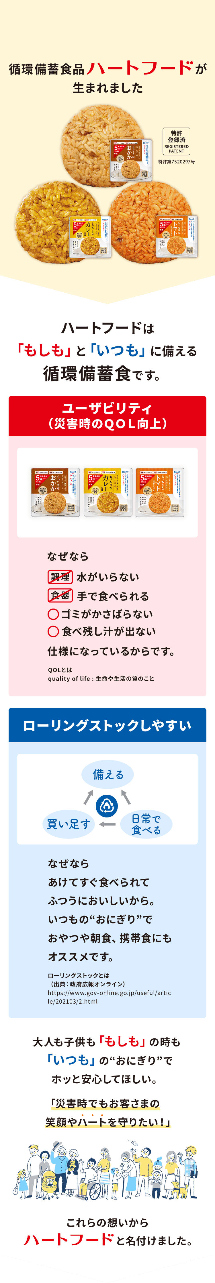 循環備蓄食品 ハートフードが生まれました。ハートフードは「もしも」と「いつも」に備える循環備蓄食です。ユーザビリティ(災害時のQOL向上) なぜなら 水がいらない 手で食べられる ○ゴミがかさばらない ○食べ残し汁が出ない 仕様になっているからです。 ローリングストックしやすい なぜなら あけてすぐ食べられてふつうにおいしいから。 いつもの“おにぎり”でおやつや朝食、携帯食にもオススメです。大人も子供も「もしも」 の時も「いつも」の“おにぎり”でホッと安心してほしい。「災害時でもお客さまの笑顔やハートを守りたい!」これらの想いからハートフードと名付けました。