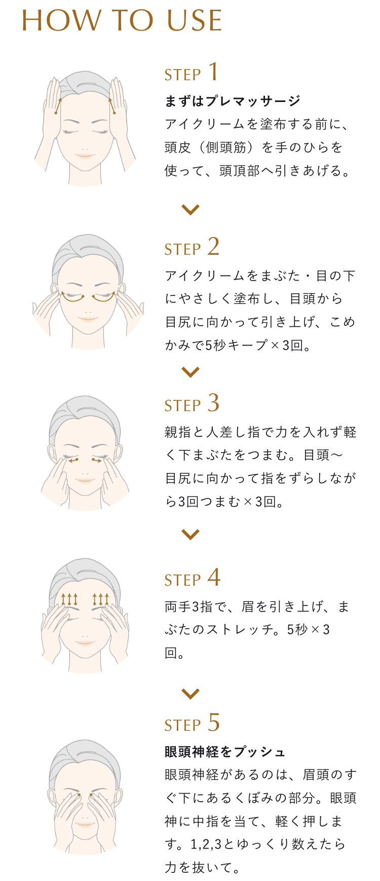 HOW TO USE STEP 1 まずはプレマッサージ STEP 2 アイクリームをまぶた・目の下にやさしく塗布 STEP 3 親指と人差し指で力を入れず軽く下まぶたをつまむ STEP 4 両手3指で、眉を引き上げ、まぶたのストレッチ。5秒×3回。 STEP 5 眼頭神経をプッシュ