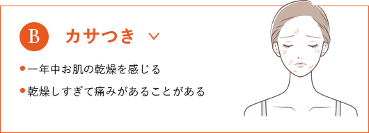 
                              カサつき
                              ● 一年中お肌の乾燥を感じる
                              ● 乾燥しすぎて痛みがあることがある
                              