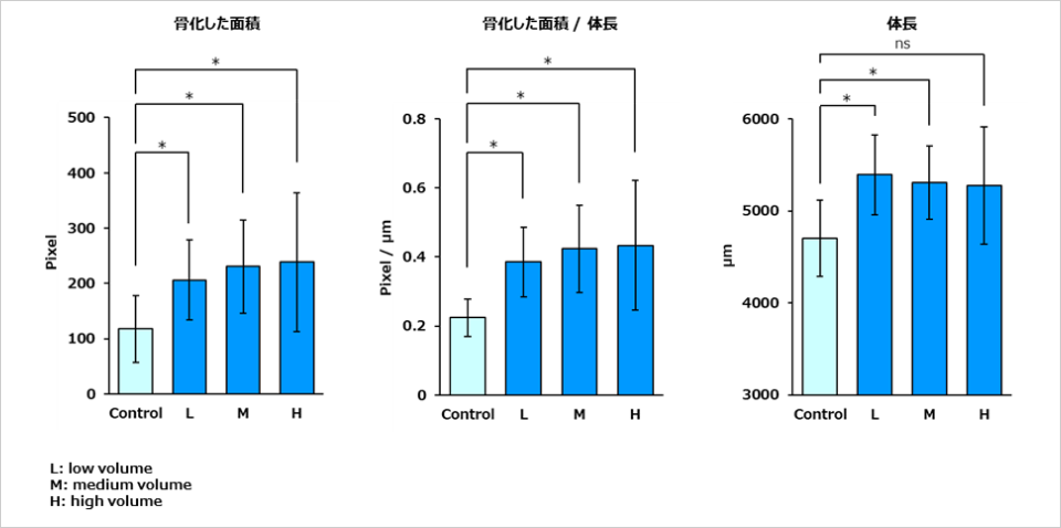図1.オリゴミル投与後の骨化した面積、体長