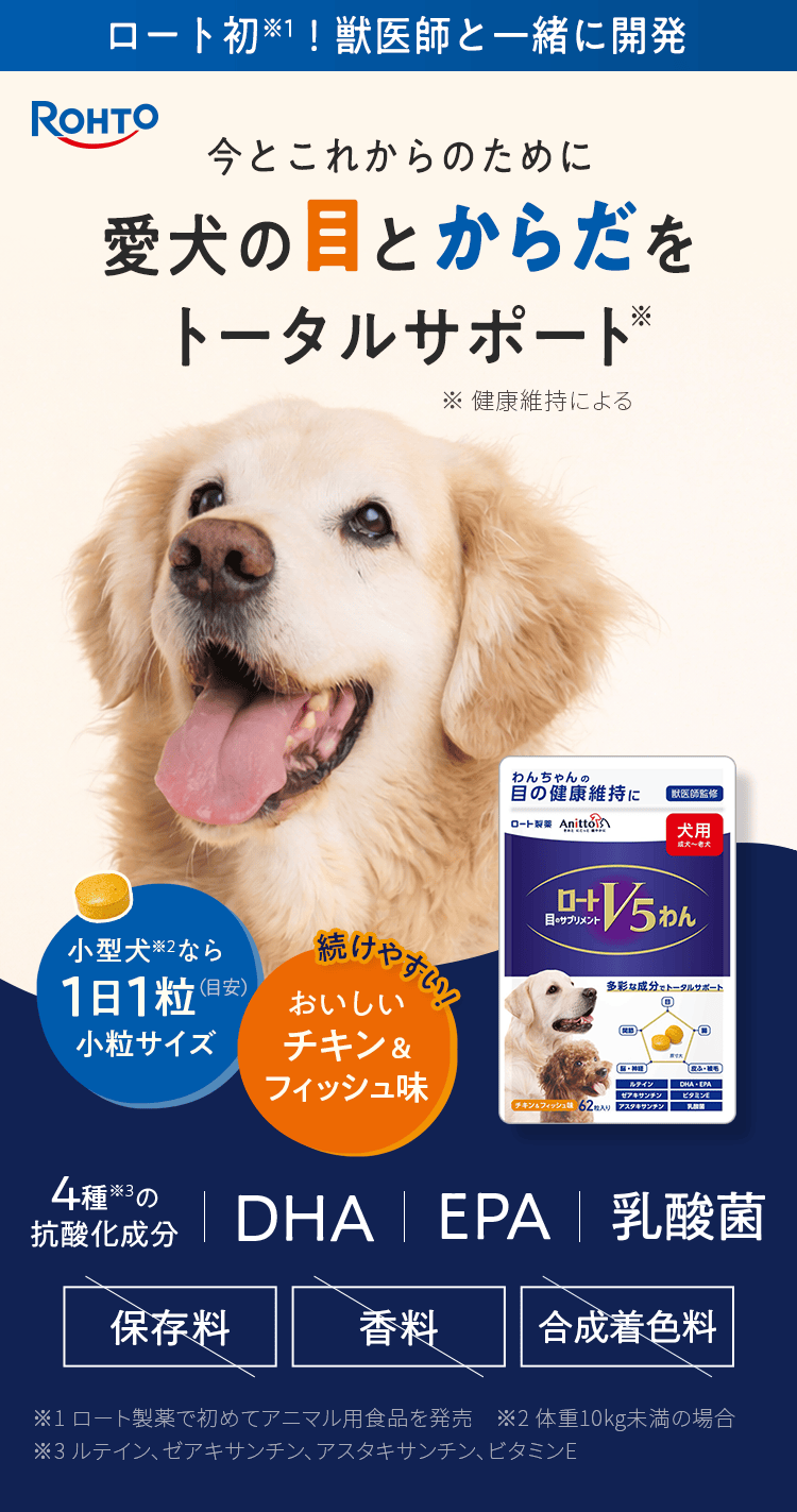 ロート初※1！獣医師と一緒に開発 今とこれからのために愛犬の目とからだをトータルサポート※ ※ 健康維持による 小型犬※2なら1日1粒（目安）小粒サイズ 続けやすい！おいしいチキン＆フィッシュ味 4種※3の抗酸化成分 DHA EPA 乳酸菌 -保存料 -香料 -合成着色料 ※1 ロート製薬で初めてアニマル用食品を発売　※2 体重10kg未満の場合　※3 ルテイン、ゼアキサンチン、アスタキサンチン、ビタミンE