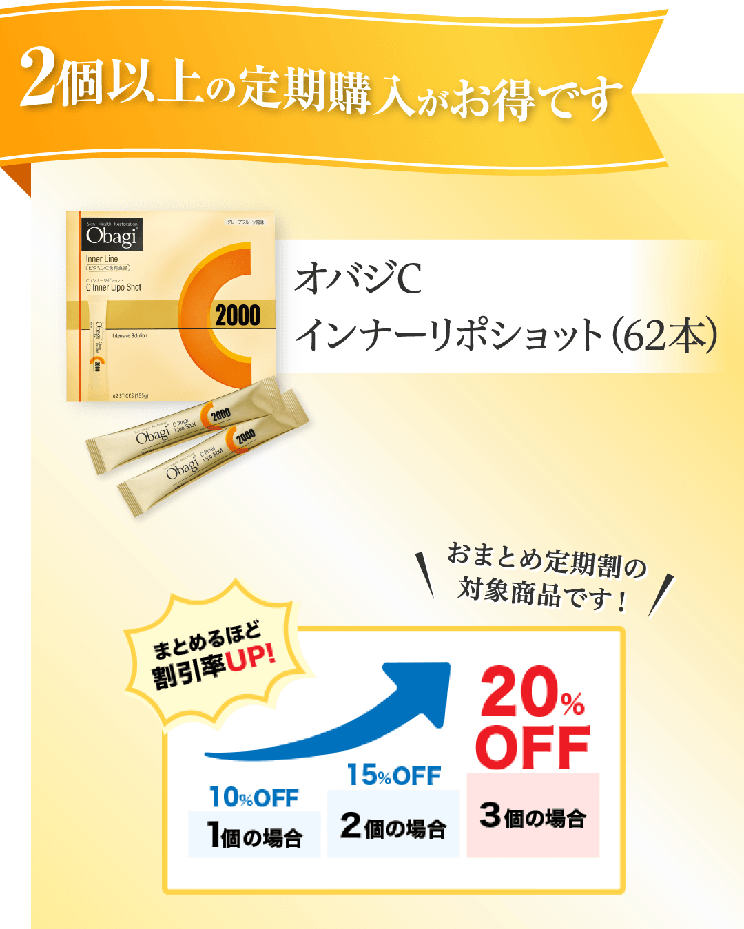 2個以上の定期購入がお得です オバジC インナーリポショット（62本）おまとめ定期割の対象商品です！まとめるほど割引率UP！1個の場合10%OFF 2個の場合15%OFF 3個の場合20%OFF