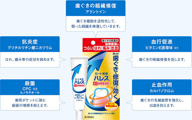 歯ぐきの組織修復(アラントイン):歯ぐき細胞を活性化して、弱った組織を修復していきます。 抗炎症(グリチルリチン酸二カリウム):はれ、痛み等の症状を鎮めます。 血行促進(ビタミンE誘導体):歯ぐきの組織修復を促します。 殺菌(CPC ヒノキチオール):歯周ポケットに潜む細菌の増殖を抑えます。 止血作用(カルバゾクロム):歯ぐきの毛細血管を強化し、出血を抑えます。