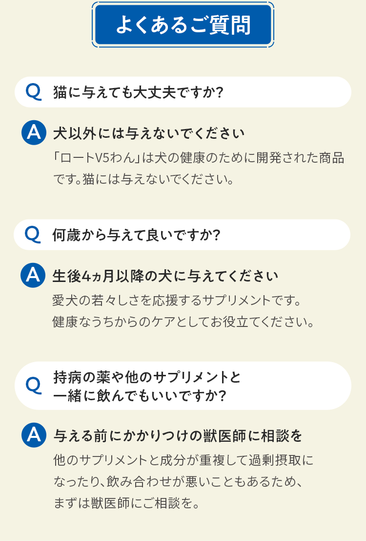 よくあるご質問 Q 猫に与えても大丈夫ですか？ A 犬以外には与えないでください 「ロートV5わん」は犬の健康のために開発された商品です。猫には与えないでください。 Q 何歳から与えて良いですか？ A 生後4ヵ月以降の犬に与えてください愛犬の若々しさを応援するサプリメントです。健康なうちからのケアとしてお役立てください。 Q 持病の薬や他のサプリメントと一緒に飲んでもいいですか？ A 与える前にかかりつけの獣医師に相談を他のサプリメントと成分が重複して過剰摂取になったり、飲み合わせが悪いこともあるため、まずは獣医師にご相談を。