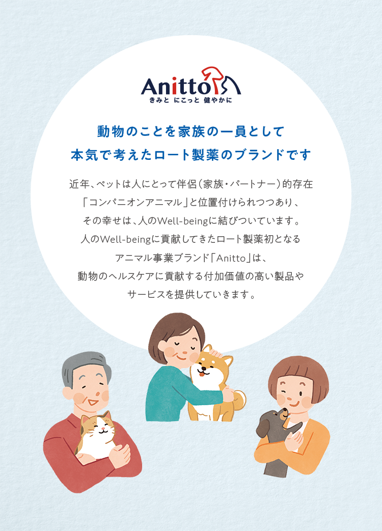 「Anitto」 動物のことを家族の一員として本気で考えたロート製薬のブランドです 近年、ペットは人にとって伴侶（家族・パートナー）的存在 「コンパニオンアニマル」と位置付けられつつあり、その幸せは、人のWell-beingに結びついています。 人のWell-beingに貢献してきたロート製薬初となるアニマル事業ブランド「Anitto」は、動物のヘルスケアに貢献する付加価値の高い製品やサービスを提供していきます。