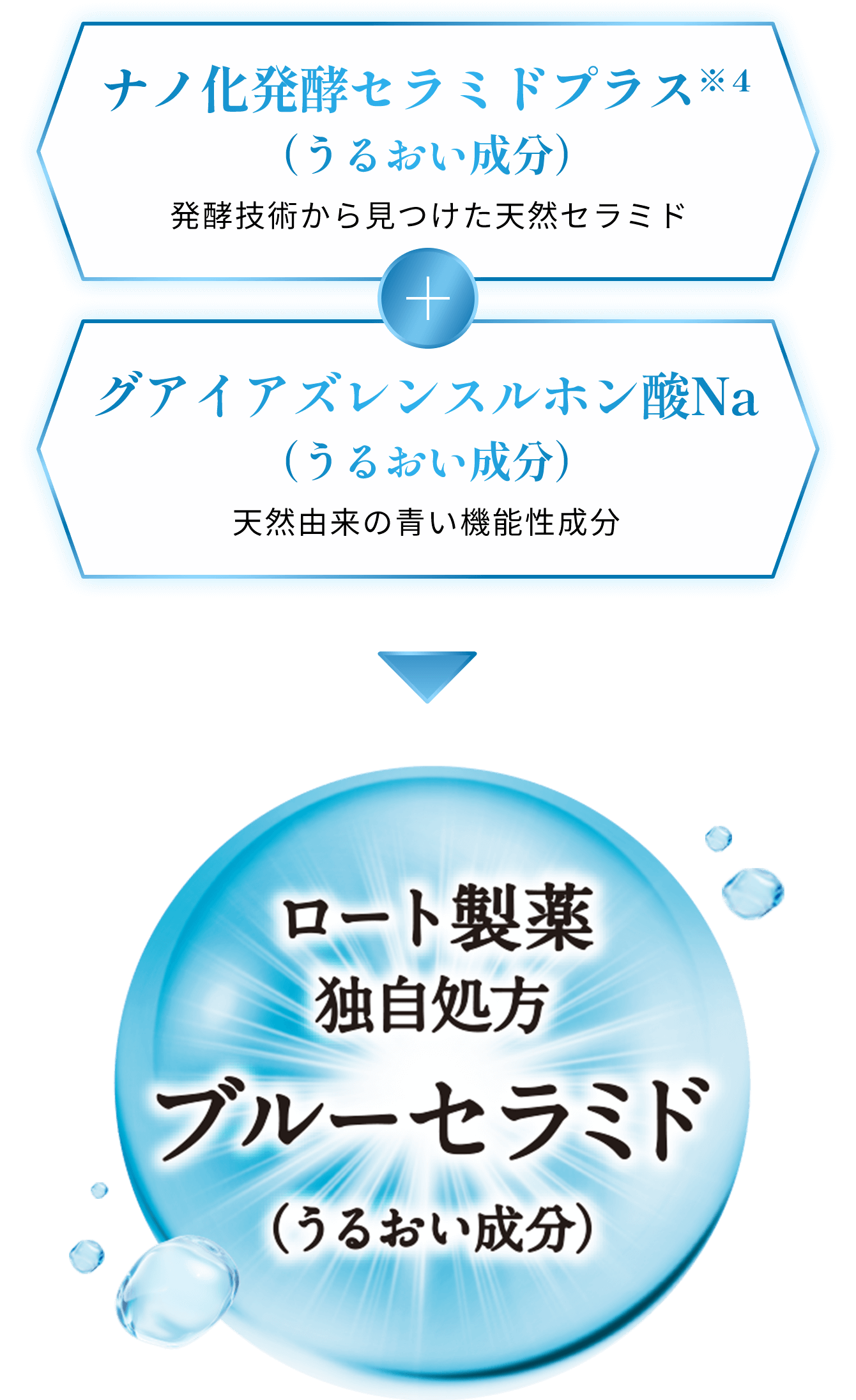 ナノ化発酵セラミドプラス※4(うるおい成分) 発酵技術から見つけた天然セラミド グアイアズレンスルホン酸Na (うるおい成分) 天然由来の青い機能性成分 ロート製薬 独自処方 ブルーセラミド (うるおい成分)