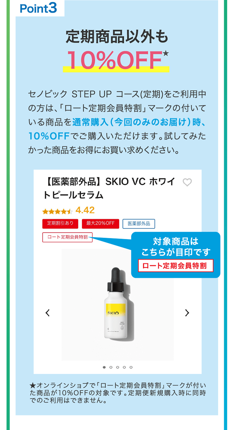 
                    point3
                    定期商品以外も10％OFF★
                    セノビック STEP UP コース(定期)をご利用中の方は、「ロート定期会員特割」マークの付いている商品を通常購入（今回のみのお届け）時、10％OFFでご購入いただけます。試してみたかった商品をお得にお買い求めください。
                    対象商品はこちらが目印です[ロート定期会員特割]
                    ★オンラインショプで「ロート定期会員特割」マークが付いた商品が10%OFFの対象です。定期便新規購入時に同時でのご利用はできません。
                    