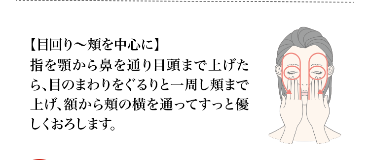 【目回り～頬を中心に】指を顎から鼻を通り目頭まで上げたら、目のまわりをぐるりと一周し頬まで上げ、額から頬の横を通ってすっと優しくおろします。