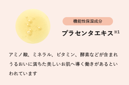 
                        機能性保湿成分
                        プラセンタエキス※1
                        アミノ酸、ミネラル、ビタミン、酵素などが含まれうるおいに満ちた美しいお肌へ導く働きがあるといわれています
                        