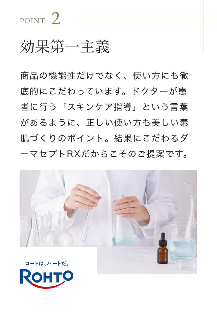 Point 2 効果第一主義 商品の機能性だけでなく、使い方にも徹底的にこだわっています。ドクターが患者に行う「スキンケア指導」という言葉があるように、正しい使い方も美しい素肌づくりのポイント。結果にこだわるダーマセプトRXだからこそのご提案です。