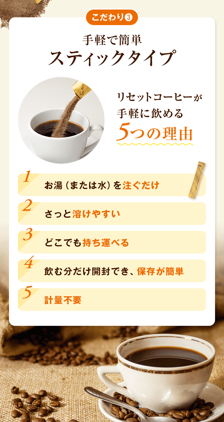 こだわり❸手軽で簡単スティックタイプ　リセットコーヒーが手軽に飲める５つの理由。１お湯（または水）を注ぐだけ。　２さっと溶けやすい。　３どこでも持ち運べる。　４飲む分だけ開封でき保存が簡単。　５軽量不要。