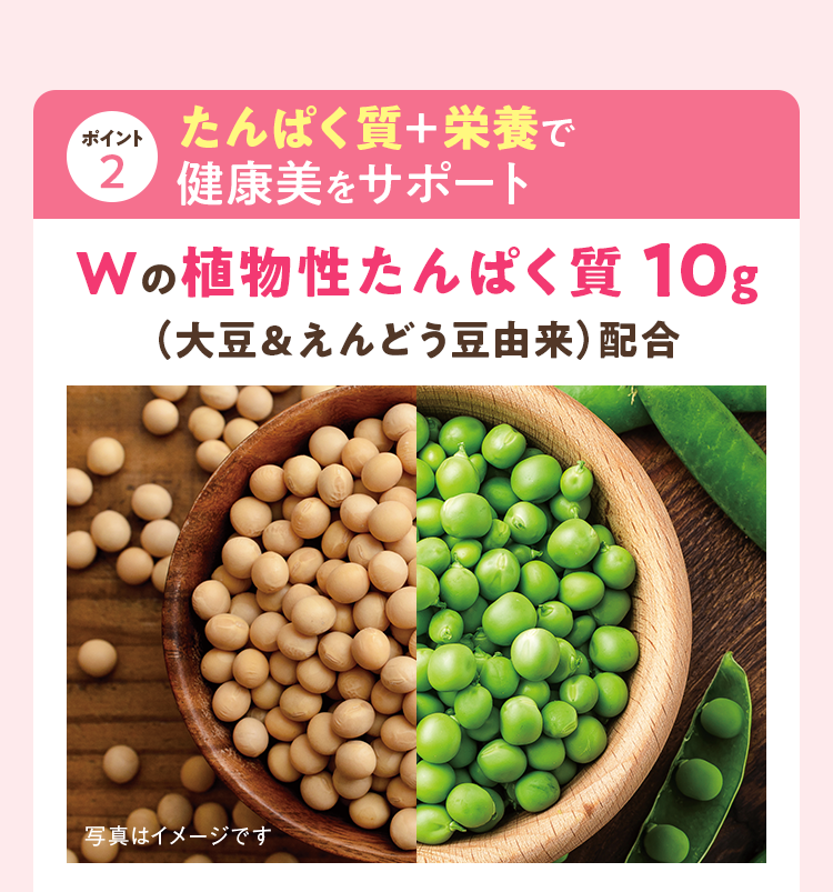 ポイント2 たんぱく質＋栄養で健康美をサポート Wの植物性たんぱく質10g（大豆＆えんどう豆由来）配合
