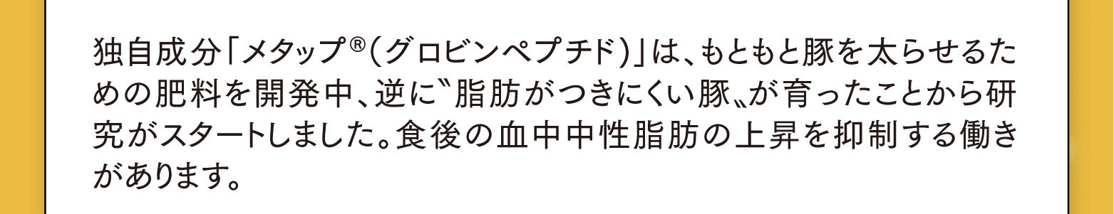 独自成分「メタップ®（グロビンペプチド)」は、もともと豚を太らせるための肥料を開発中、逆に〝脂肪がつきにくい豚〟が育ったことから研究がスタートしました。食後の血中中性脂肪の上昇を抑制する働きがあります。