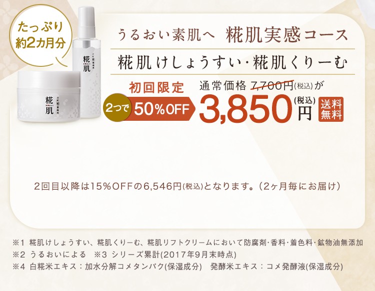 たっぷり約2ヵ月分 うるおい素肌へ 糀肌実感コース 糀肌化粧すい・糀肌くりーむ 初回限定2つで50%OFF 通常価格7,700円(税込)が3,850円(税込) 送料無料 2回目以降は15%OFFの6,546円(税込)となります。(2ヵ月毎にお届け) ※1 糀肌けしょうすい、糀肌くりーむ、糀肌リフトクリームにおいて防腐剤・香料・着色料・鉱物油無添加 ※2 うるおいによる ※3 シリーズ累計(2017年9月末時点) ※4 白糀米エキス：加水分解コメタンパク(保湿成分) 発酵米エキス：コメ発酵液(保湿成分)