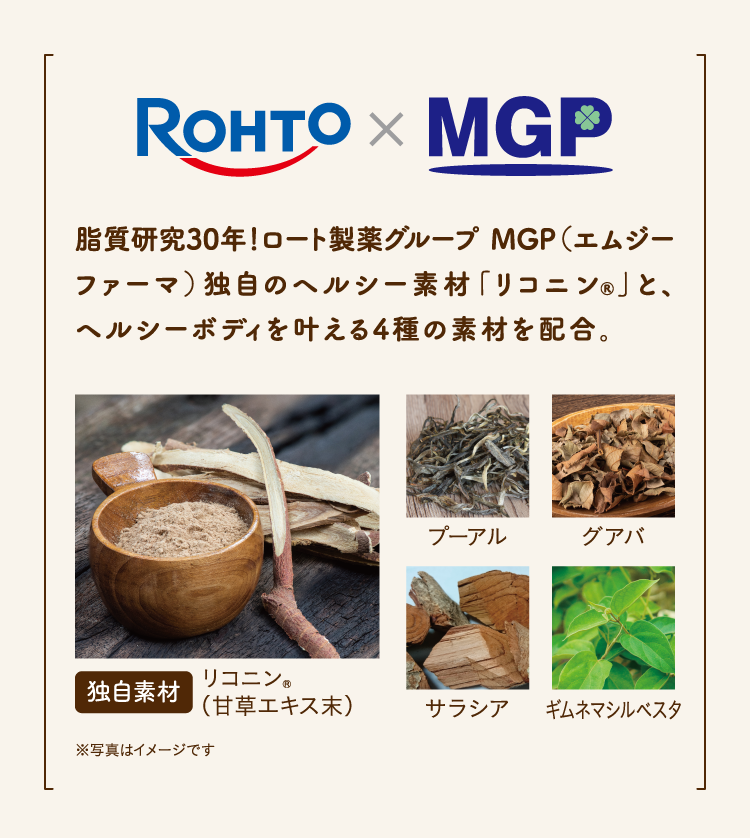 脂質研究30年！ロート製薬グループ MGP（エムジーファーマ）独自のヘルシー素材「リコニン®」と、ヘルシーボディを叶える4種の素材を配合。 独自素材 リコニン®（甘草エキス末） プーアル グアバ サラシア ギムネマシルベスタ ※写真はイメージです