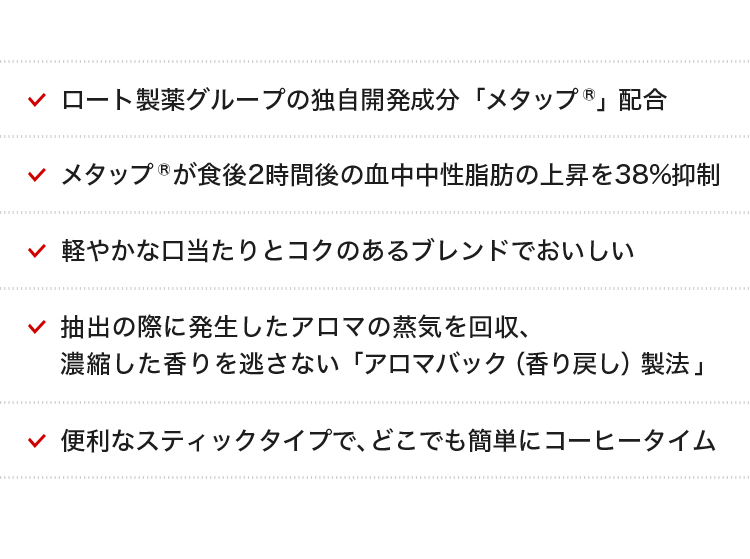 ・ロート製薬グループの独自開発成分「メタップ」配合。・メタップが食後2時間後の血中中性脂肪の上昇を38％抑制。・軽やかな口当たりとコクのあるブレンドでおいしい。・抽出の際に発生したアロマの蒸気を回収、濃縮した香りを逃さない「アロマバック（香り戻し）製法」。・便利なスティックタイプで、どこでも簡単にコーヒータイム。