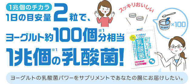 1兆個のチカラ。1日の目安量2粒で、ヨーグルト約100個※1分相当。1兆個※1の乳酸菌！ヨーグルトの乳酸菌パワーをサプリメントであなたの腸にお届けしたい。