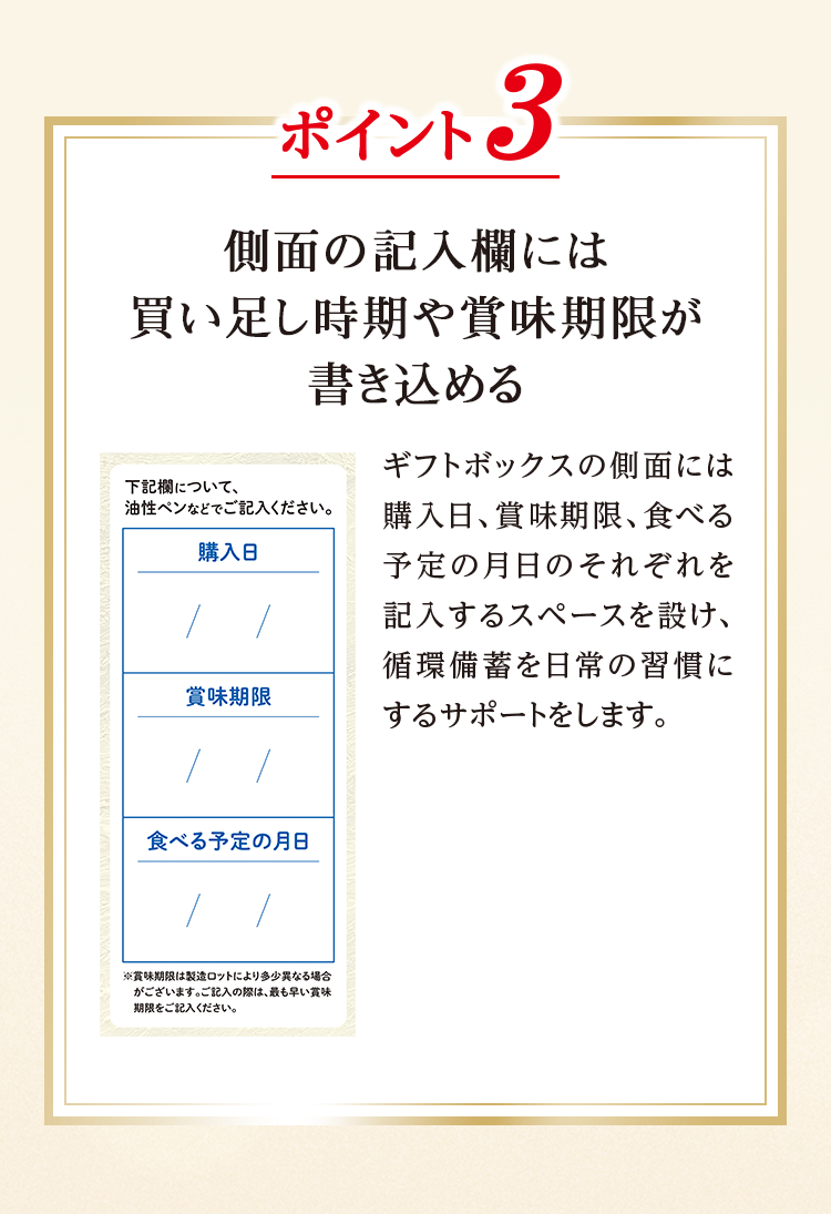 ポイント3 側面の記入欄には買い足し時期や賞味期限が書き込める ギフトボックスの側面には購入日、賞味期限、食べる予定の月日のそれぞれを記入するスペースを設け、循環備蓄を日常の習慣にするサポートをします。