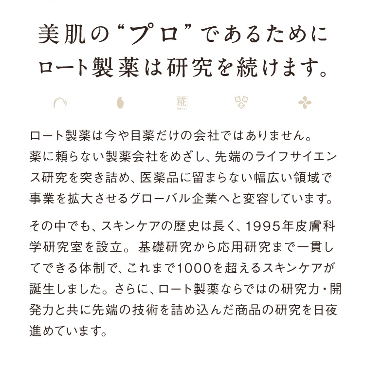 美肌の”プロ”であるためにロート製薬は研究を続けます。ロート製薬は今や目薬だけの会社ではありません。薬に頼らない製薬会社をめざし、先端のライフサイエンス研究を突き詰め、医薬品に留まらない幅広い領域で事業を拡大させるグローバル企業へと変容しています。その中でも、スキンケアの歴史は長く、1995年皮膚科学研究室を設立。基礎研究から応用研究まで一貫してできる体制で、これまで1000を超えるスキンケアが誕生しました。さらに、ロート製薬ならではの研究力・開発力と共に先端の技術を詰め込んだ商品の研究を日夜進めています。