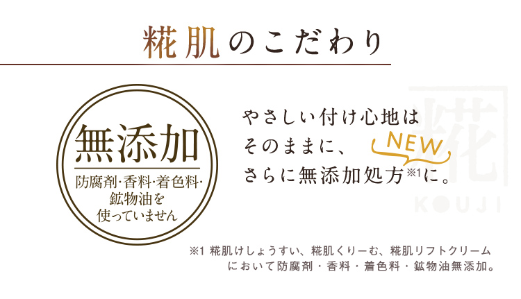 糀肌のこだわり 無添加 防腐剤・香料・着色料・鉱物油を使っていません やさしい付け心地はそのままに、さらに無添加処方{new ※1に。 ※1 糀肌けしょうすい、糀肌くりーむ、糀肌リフトクリームにおいて防腐剤・香料・着色料・鉱物油無添加。 