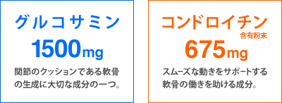 グルコサミン 1500mg：関節のクッションである軟骨の生成に大切な成分の一つ。　コンドロイチン含有粉末 675mg：スムーズな動きをサポートする軟骨の働きを助ける成分。