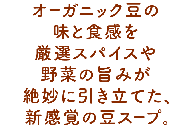 オーガニック豆の味と食感を厳選スパイスや野菜の旨みが絶妙に引き立てた、新感覚の豆スープ。