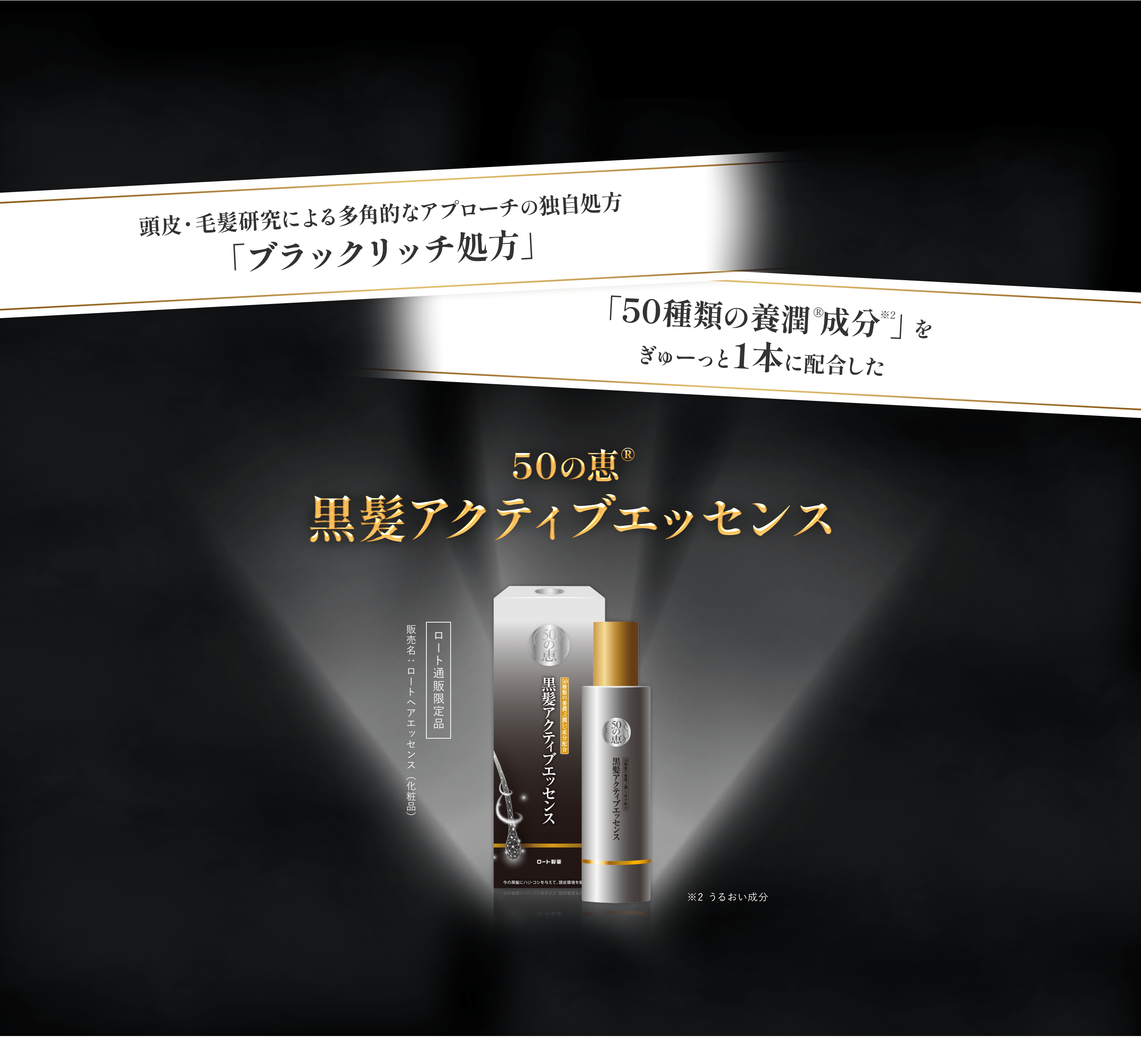 頭皮・毛髪研究による多角的なアプローチの独自処方「ブラックリッチ処方」。「50種類の養潤®︎成分 」をぎゅーっと1本に配合した。50の恵®黒髪アクティブエッセンス。