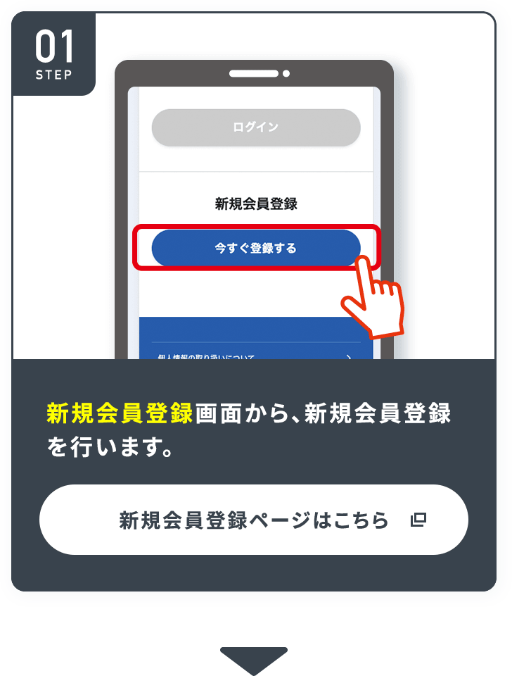 STEP01 新規会員登録画面から、新規会員登録を行います。新規会員登録ページはこちら