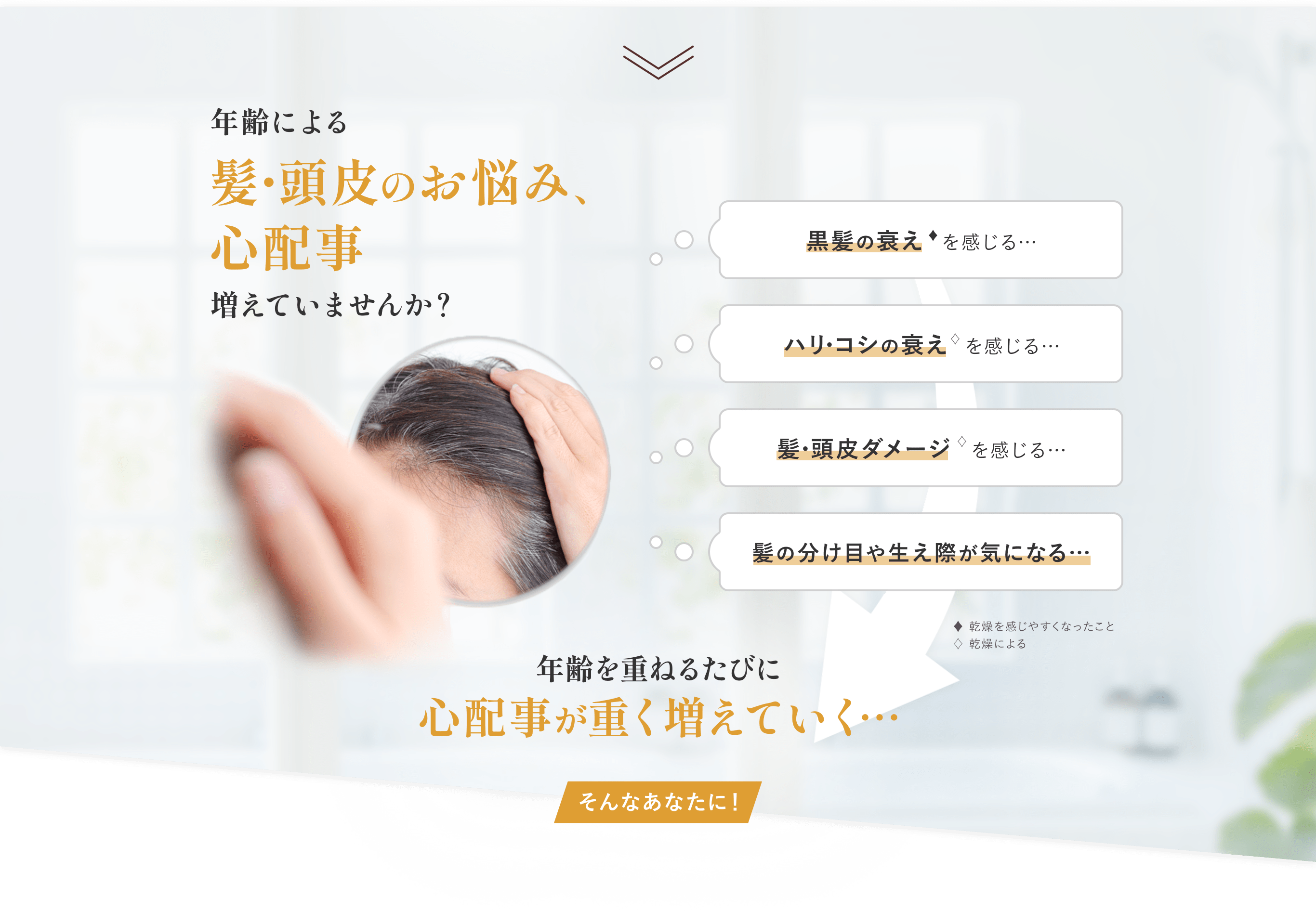 年齢による髪・頭皮のお悩み、心配事増えていませんか? 黒髪の衰え♦を感じる… ハリ・コシの衰え♢を感じる… 髪・頭皮ダメージ♢を感じる… 髪の分け目や生え際が気になる… ♦乾燥を感じやすくなったこと ♢乾燥による 年齢を重ねるたびに心配事が重く増えていく…そんなあなたに!