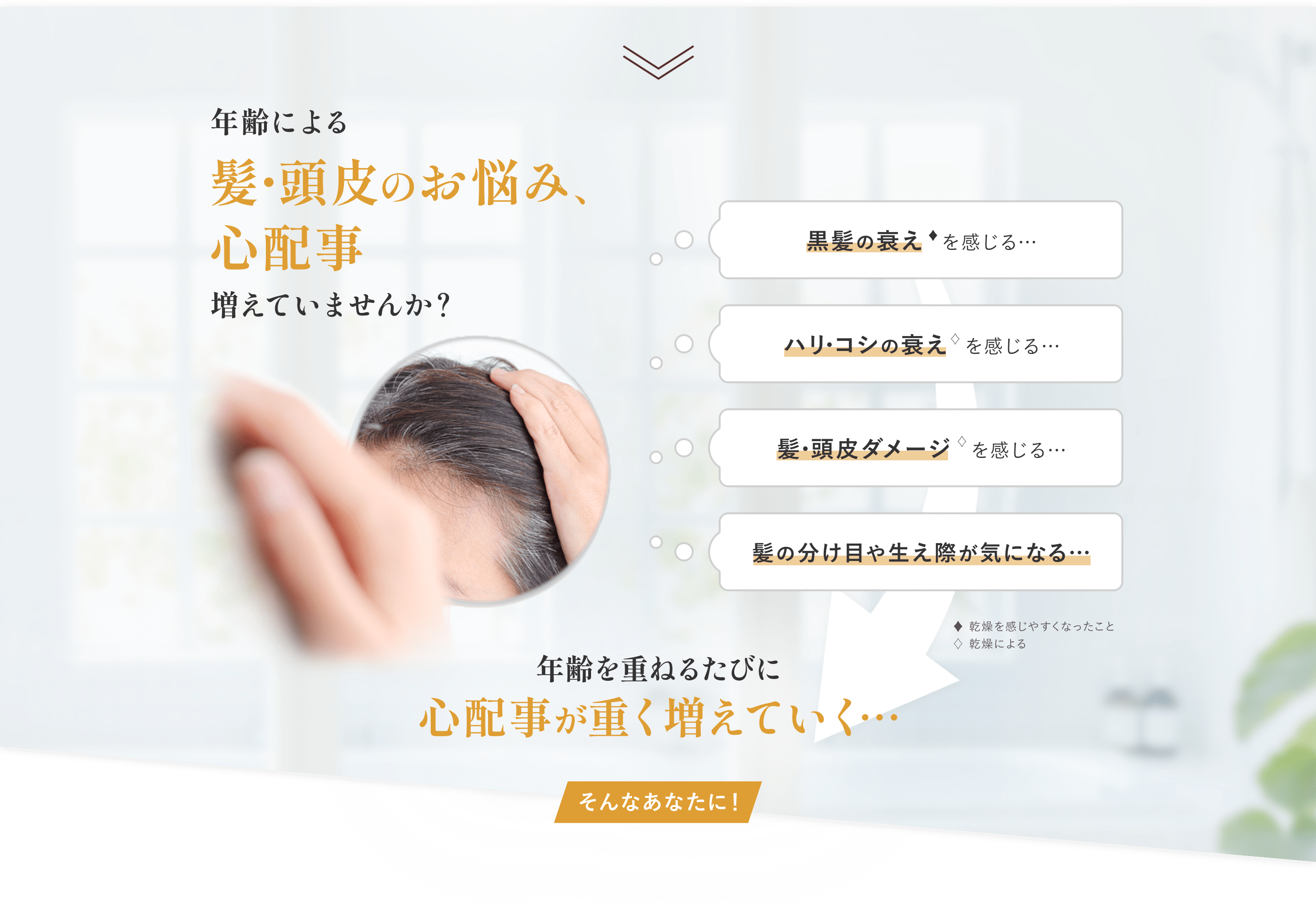 年齢による髪・頭皮のお悩み、心配事増えていませんか？ 黒髪の衰え♦を感じる… ハリ・コシの衰え♢を感じる… 髪・頭皮ダメージ♢を感じる… 髪の分け目や生え際が気になる… ♦乾燥を感じやすくなったこと ♢乾燥による 年齢を重ねるたびに心配事が重く増えていく…そんなあなたに！