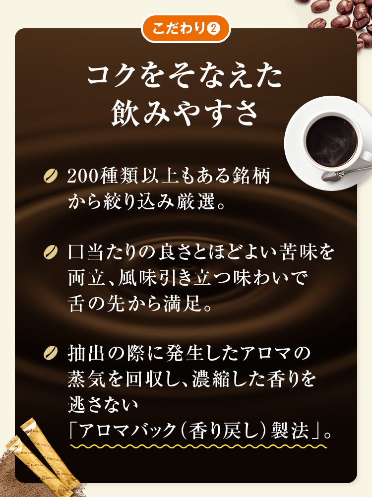 こだわり❷コクをそなえた飲みやすさ　200種類以上もある銘柄から絞り込み厳選。　口当たりの良さとほどよい苦味を両立、風味引き立つ味わいで舌の先から満足。　抽出の際に発生したアロマの蒸気を回収し、濃縮した香りを逃さない「アロマバック（香り戻し）製法」。