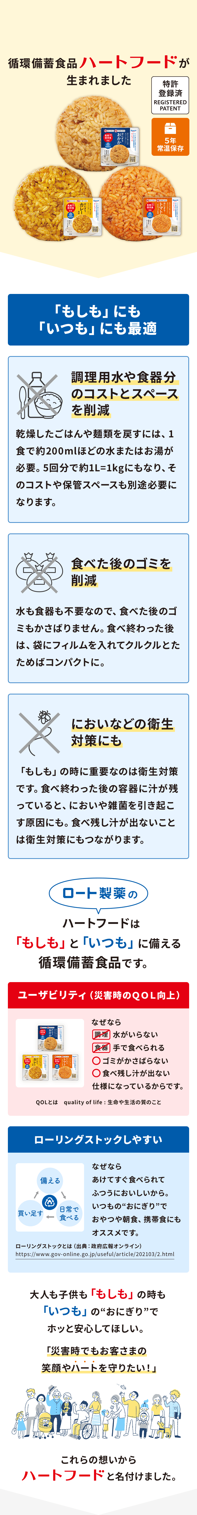 循環備蓄食品 ハートフードが生まれました。ハートフードは「もしも」と「いつも」に備える循環備蓄食です。ユーザビリティ(災害時のQOL向上) なぜなら 水がいらない 手で食べられる ○ゴミがかさばらない ○食べ残し汁が出ない 仕様になっているからです。 ローリングストックしやすい なぜなら あけてすぐ食べられてふつうにおいしいから。 いつもの“おにぎり”でおやつや朝食、携帯食にもオススメです。大人も子供も「もしも」 の時も「いつも」の“おにぎり”でホッと安心してほしい。「災害時でもお客さまの笑顔やハートを守りたい!」これらの想いからハートフードと名付けました。