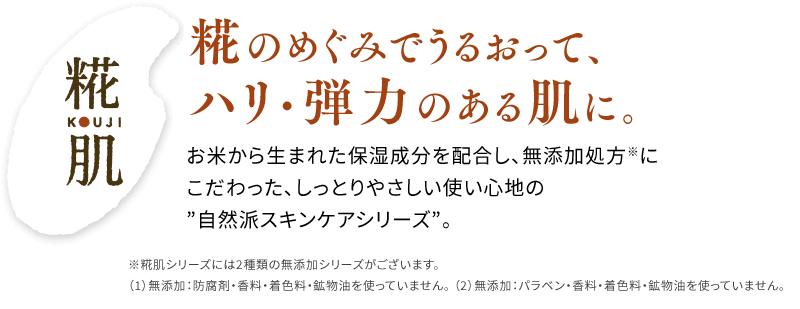 無添加　糀肌　糀のめぐみでうるおって、ハリ・弾⼒のある肌に。お⽶から⽣まれた保湿成分を配合し、無添加処⽅※にこだわった、しっとりやさしい使い⼼地の”⾃然派スキンケアシリーズ”。※糀肌シリーズには2種類の無添加シリーズがございます。（1）無添加：防腐剤・⾹料・着⾊料・鉱物油を使っていません。（2）無添加：パラベン・⾹料・着⾊料・鉱物油を使っていません。