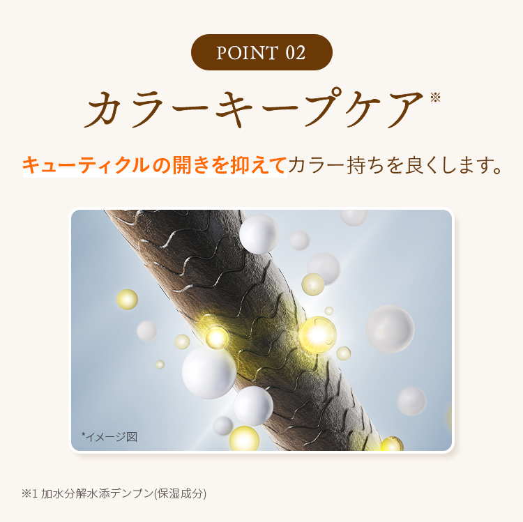 POINT 02 カラーキープケア※ キューティクルの開きを抑えてカラー持ちを良くします。 ※1 加水分解水添デンプン（保湿成分）