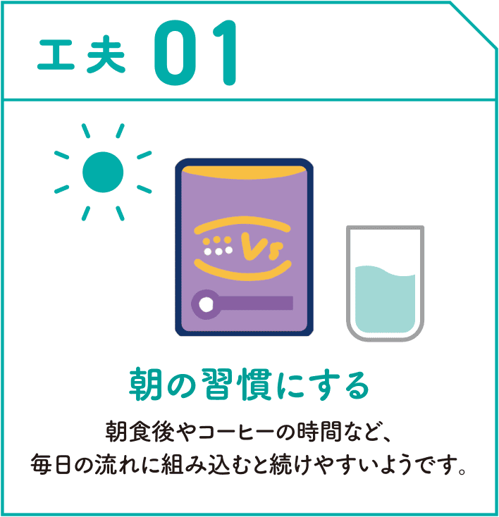 工夫01　朝の習慣にする　朝食後やコーヒーの時間など、毎日の流れに組み込むと続けやすいようです。