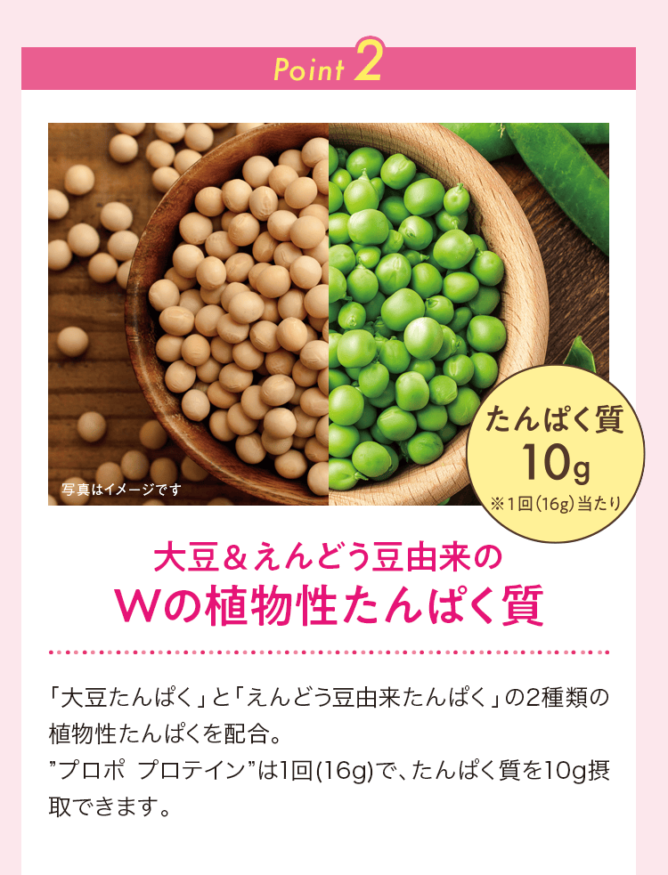 Point 2 大豆＆えんどう豆由来のWの植物性たんぱく質 たんぱく質10g