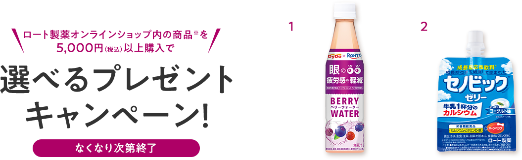 ロート製薬オンラインショップ内の商品※を5000円（税込）以上購入で選べるプレゼントキャンペーン！