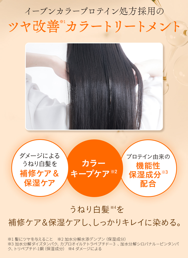 イーブンカラープロテイン処方採用の ツヤ改善※1 カラートリートメント ダメージによる うねり白髪を 補修ケア & 保湿ケア カラー キープケア※2 プロテイン由来の 機能性 保湿成分※3 配合 うねり白髪※4を 補修ケア＆保湿ケアし、しっかりキレイに染める。 ※1 髪にツヤを与えること ※2 加水分解水添デンプン（保湿成分） ※3 加水分解ダイズタンパク、カプロオイルテトラペプチド-3、加水分解シロバナルーピンタンパク、トリペプチド-1銅（保湿成分） ※4 ダメージによる