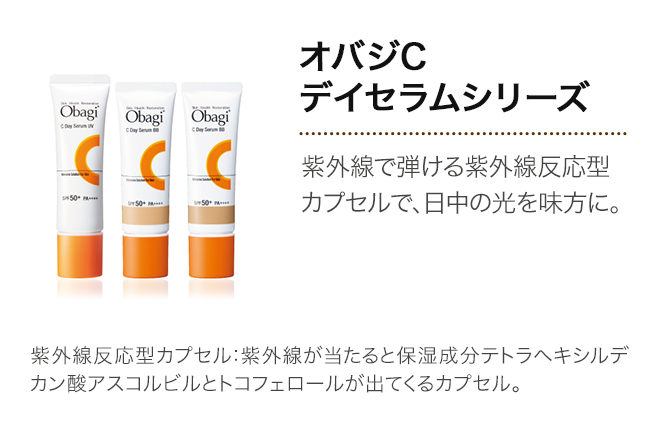 オバジC デイセラムシリーズ 紫外線で弾ける紫外線反応型カプセルで、日中の光を味方に。 紫外線反応型カプセル：紫外線が当たると保湿成分テトラヘキシルデカン酸アスコルビルとトコフェロールが出てくるカプセル。