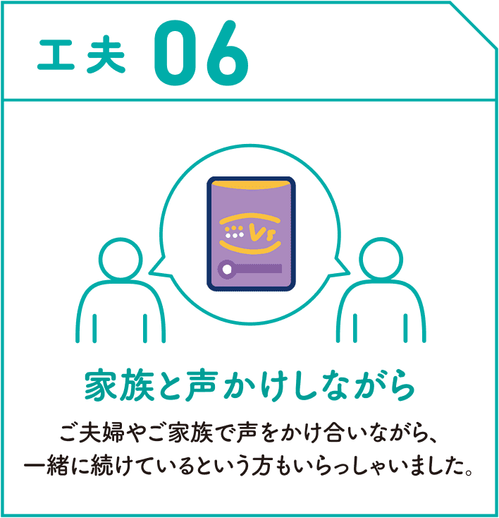 工夫06　家族と声かけしながら　ご夫婦やご家族で声をかけ合いながら、一緒に続けているという方もいらっしゃいました。
