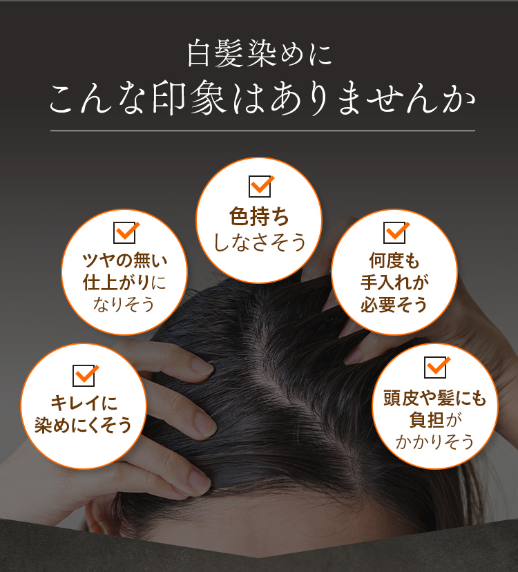白髪染めにこんな印象はありませんか 色持ちしなさそう ツヤの無い仕上がりになりそう 何度も手入れが必要そう キレイに染めにくそう 頭皮や髪にも負担がかかりそう
